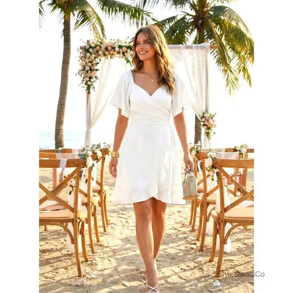 Wrap V-Neck Mini Dress with Flared Sleeves, Elastic Waist, and Belt - Picture 6 of 7